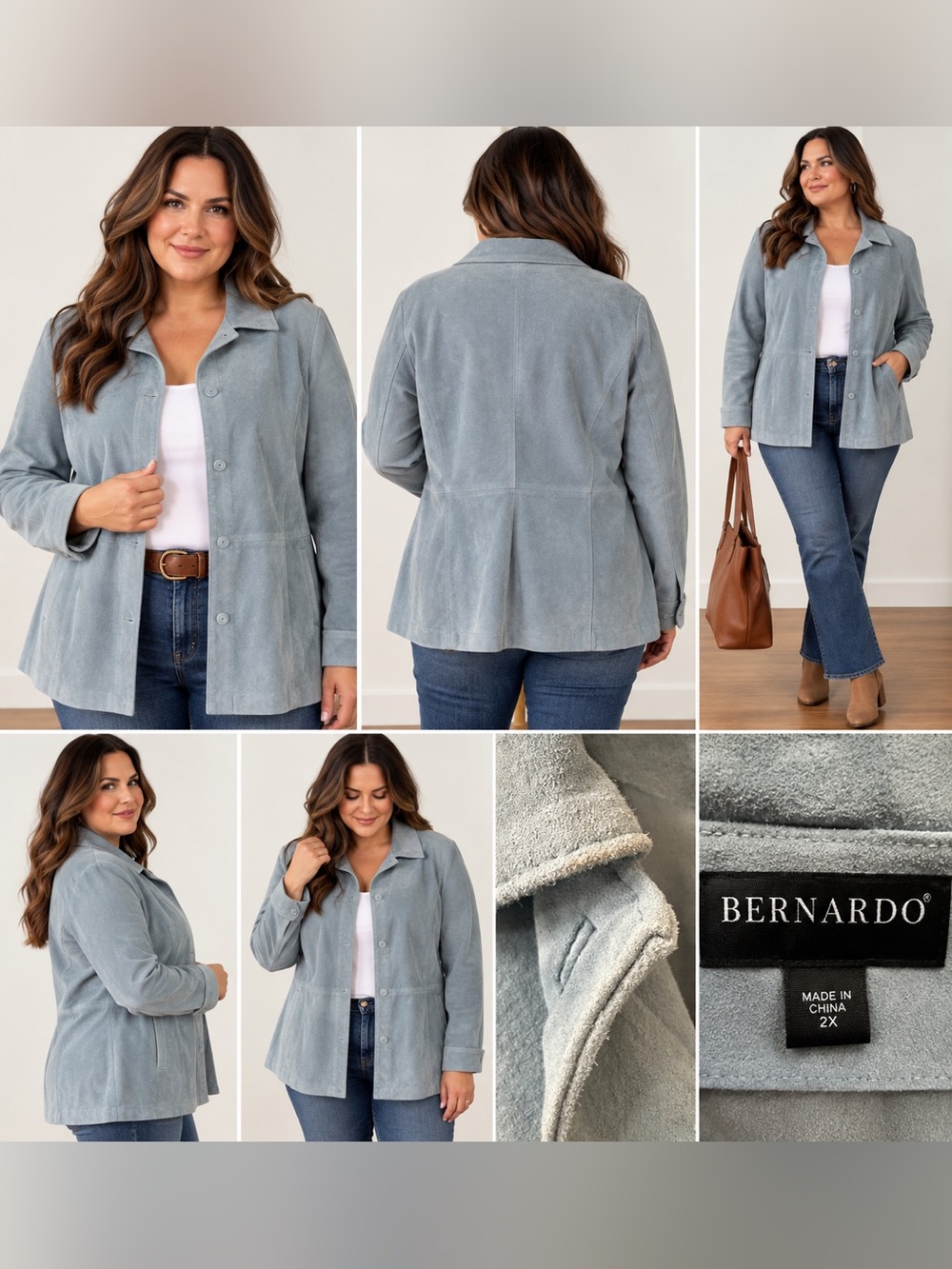 Bernardo Genuine Suede Leather Jacket 2X Powder Blue Button Front